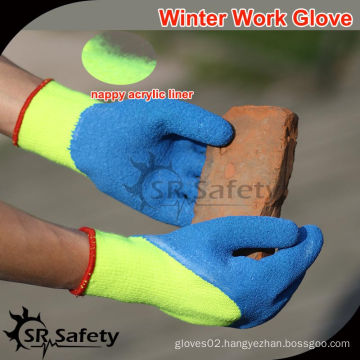 SRSAFETY 7 gauge Hi-Viz yellow nappy acrylic liner 3/4 coated crinkle latex on palm and thumb gloves